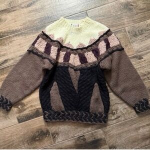 NOVO Vintage Womens Geo Hand Knit Mohair Wool Blend Chunky Sweater, Brown,M